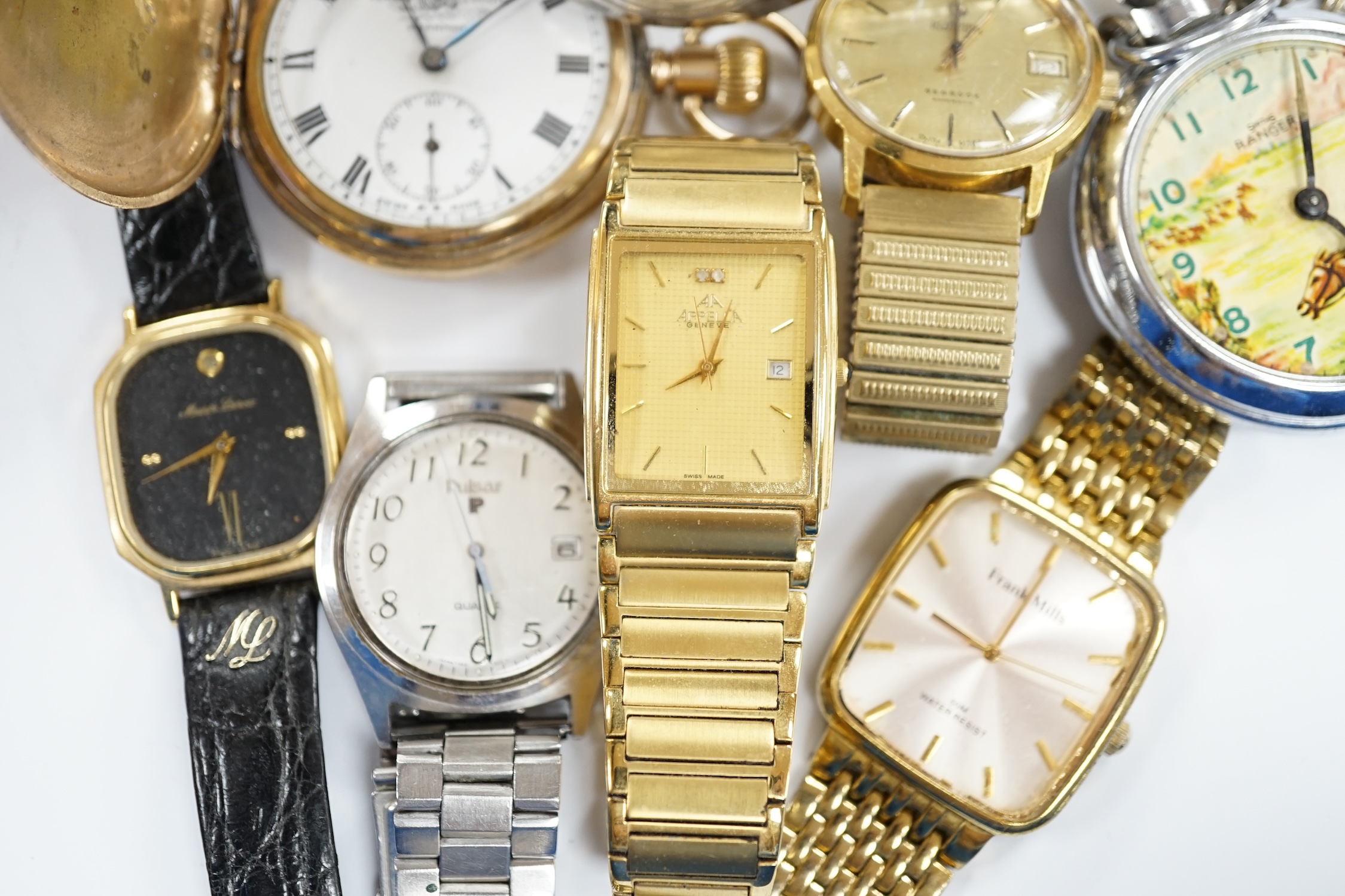 A small group of assorted wrist and pocket watches including a gold plated hunter and a Roamer Searock.